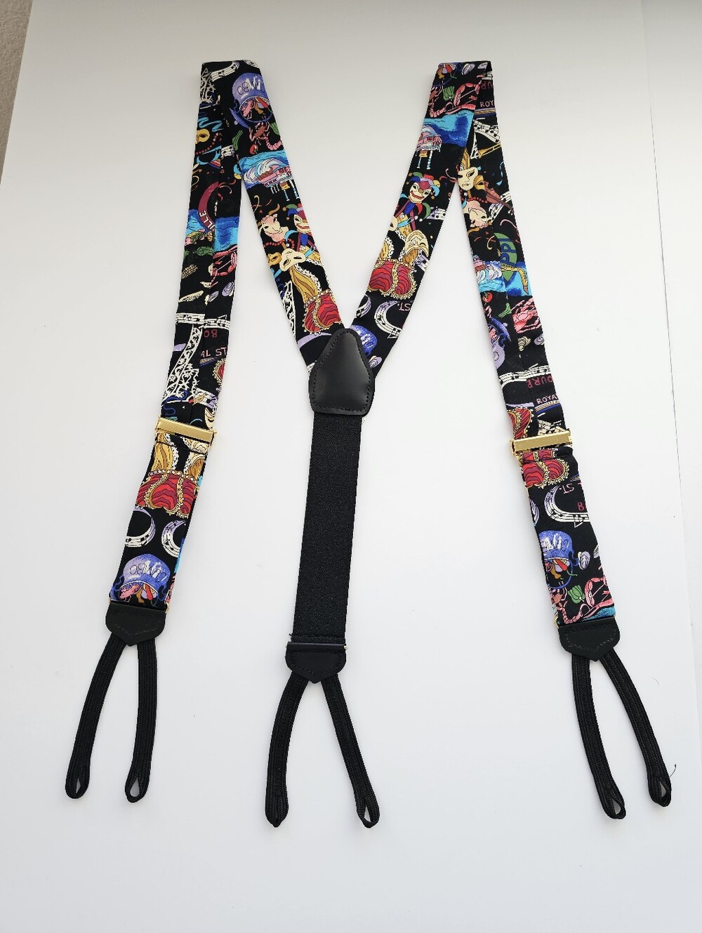 Vintage Nicole Miller Silk Suspenders Mardi Gras Gumbo New Orleans Print w/ Box